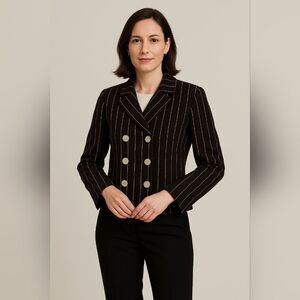 LRL L/S Pinstripe Blazer Brown Cream 6 Career Cropped Double Breasted Coastal Ch